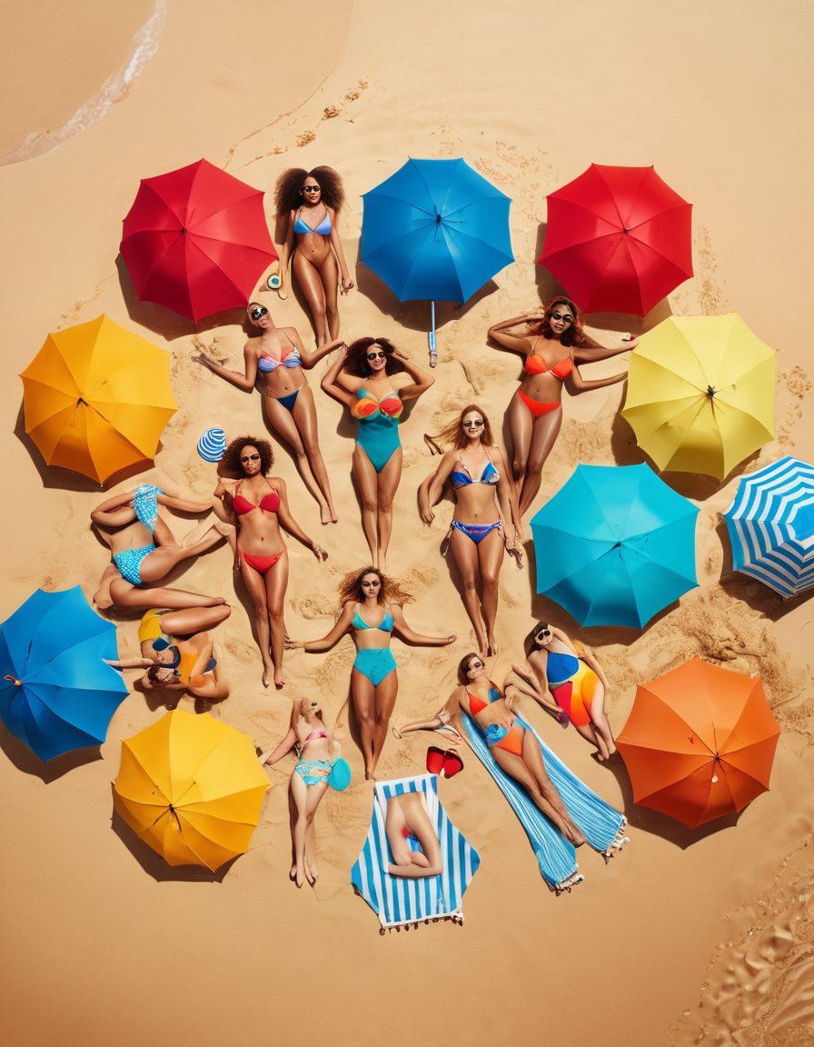A diverse group of confident individuals of all body types wearing bold, stylish swimwear on a vibrant beach. They exude joy and self-love, striking dynamic poses against a backdrop of golden sand and azure waves. Include colorful umbrellas and beach accessories to enhance the festive atmosphere. super-realistic. vibrant colors. beach scene.